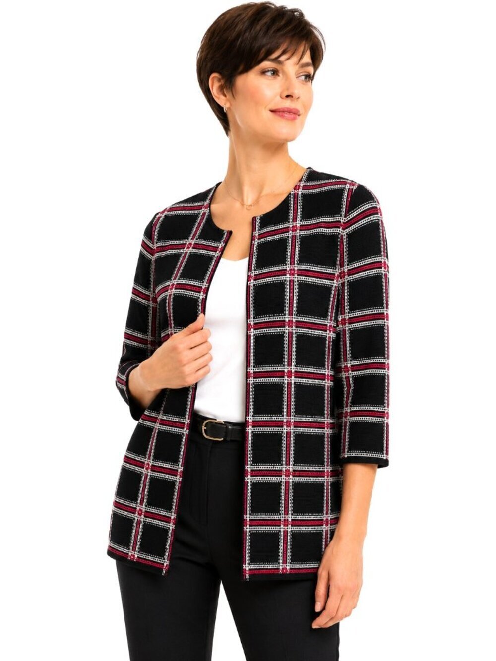 Ming Wang Magenta Pink Black Plaid Knit Cardigan